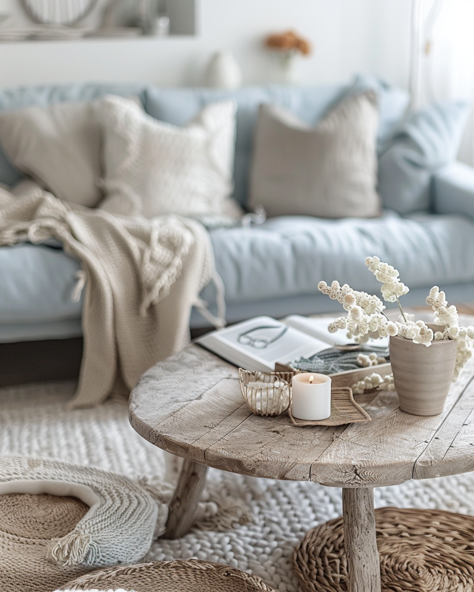 Neutral living room with dog resting on the sofa, symbolizing comfort and companionship at home.