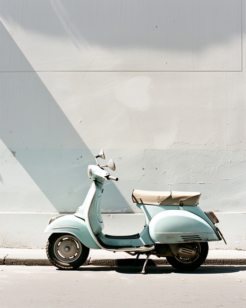 Light blue vintage scooter parked beside a white wall, symbolizing motion and daily adventures.