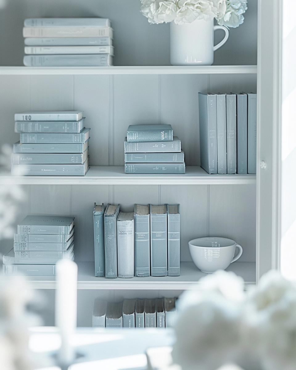 Blue-toned books on a styled shelf, symbolizing quiet reflection and new stories to explore.