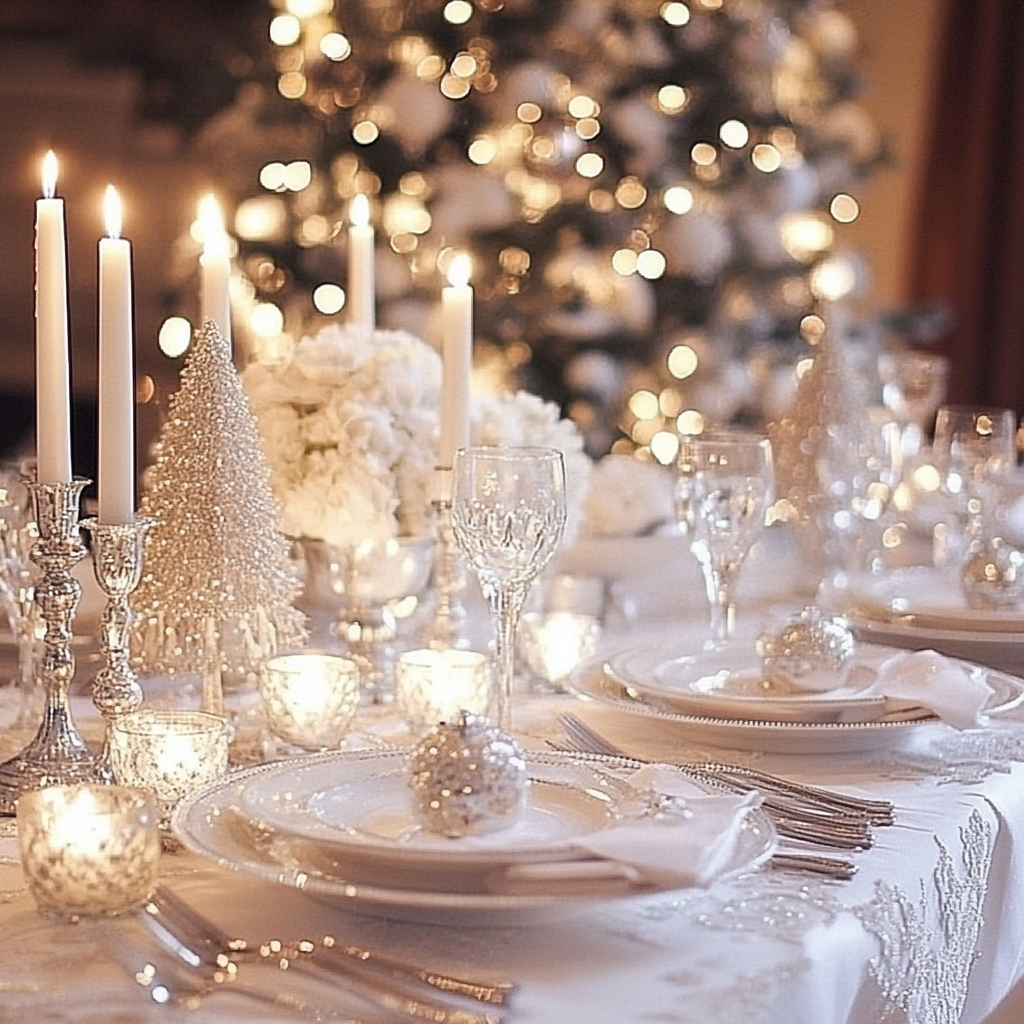 Warm holiday table with candles and glassware, symbolizing shared traditions and meaningful gatherings.
