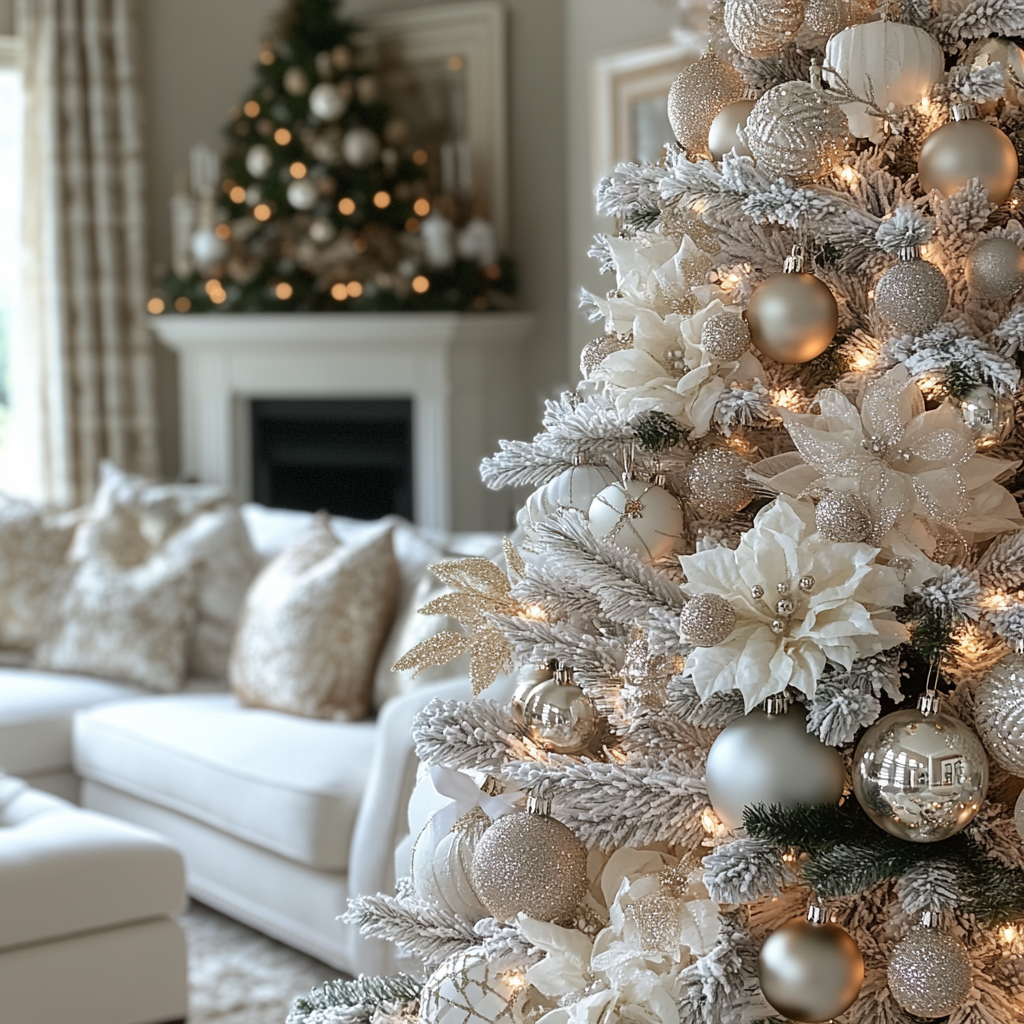 White and gold Christmas tree with twinkling lights in a cozy living room, symbolizing warmth and holiday celebration.