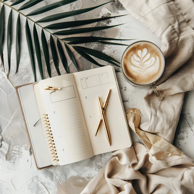 Open notebook, pen, and coffee cup on soft linens, symbolizing creativity, planning, and community ideas.